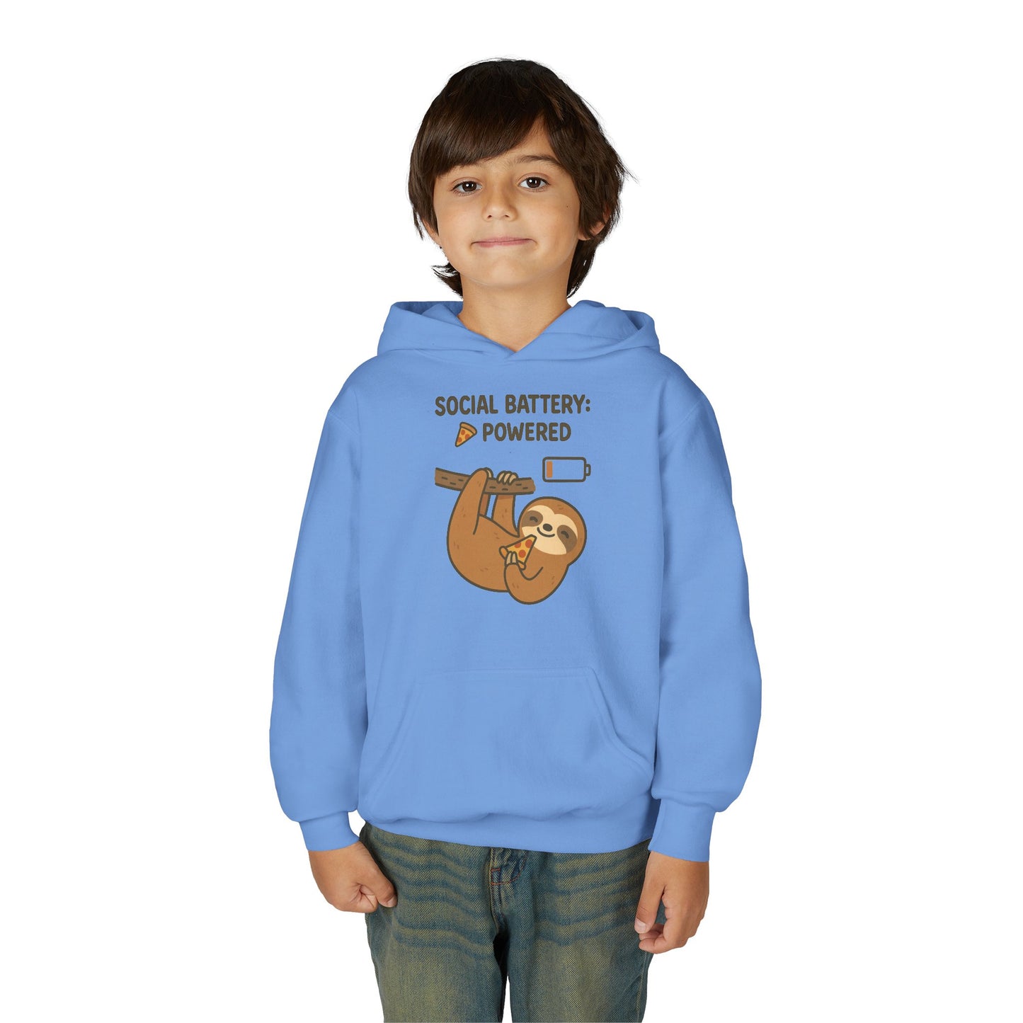 Funny Sloth Hooded Sweatshirt, Youth Hoodie, Cute Gift for Kids, Social Battery Powered Sweatshirt, Fun Apparel for Teens