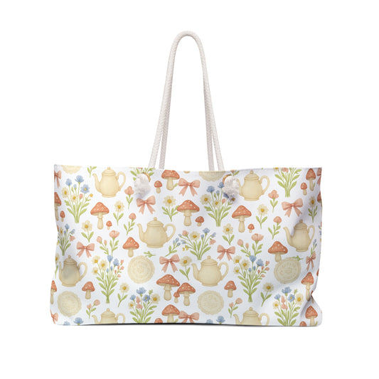 Floral Weekender Bag with Vintage Tea Party Design, Travel Tote, Beach Bag, Perfect for Weekend Getaways, Gift for Her, Bridal Shower