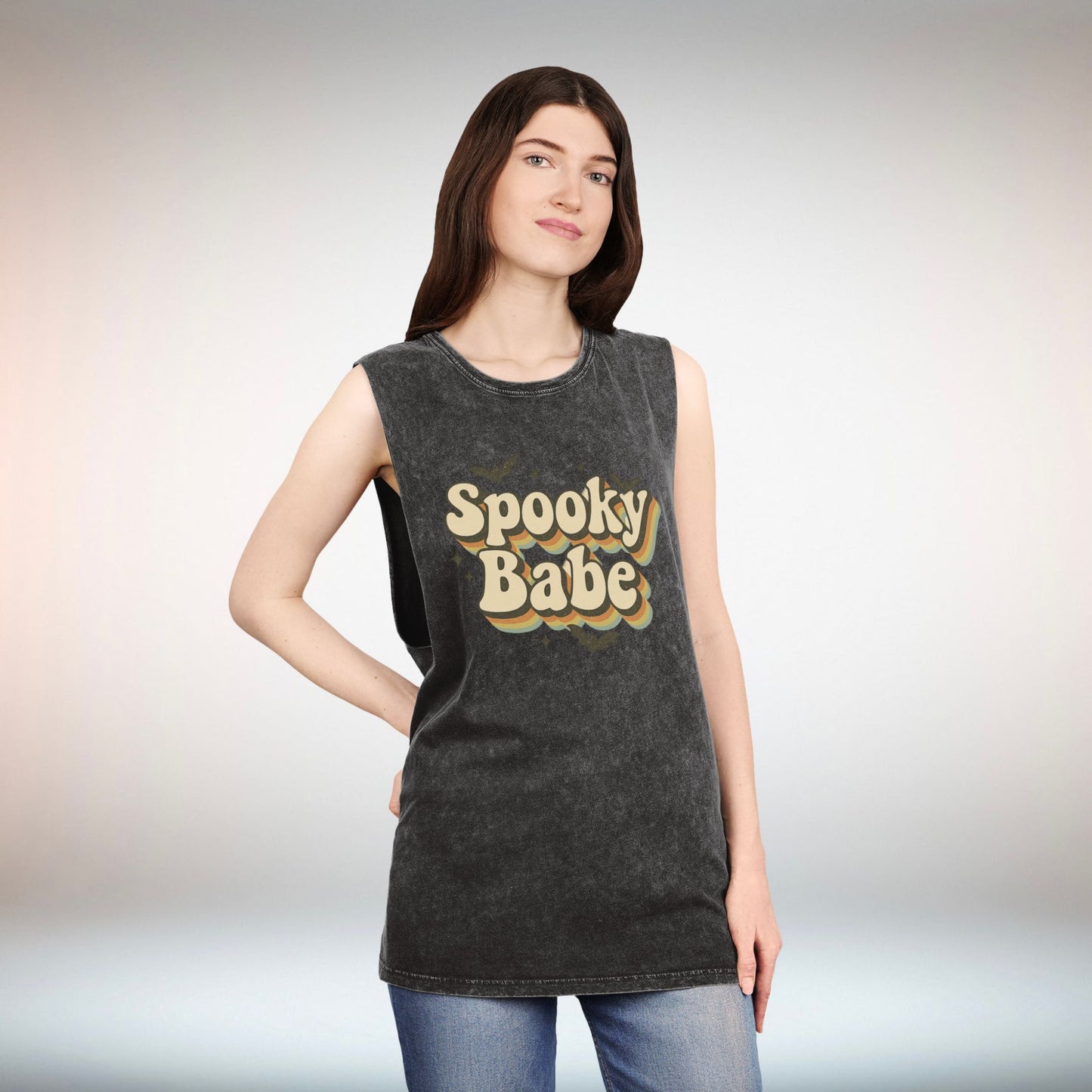 Spooky Babe Stonewash Tank Top, Unisex Halloween Wear, Casual Summer Top, Festival Outfit, Spooky Vibes, Trendy Apparel