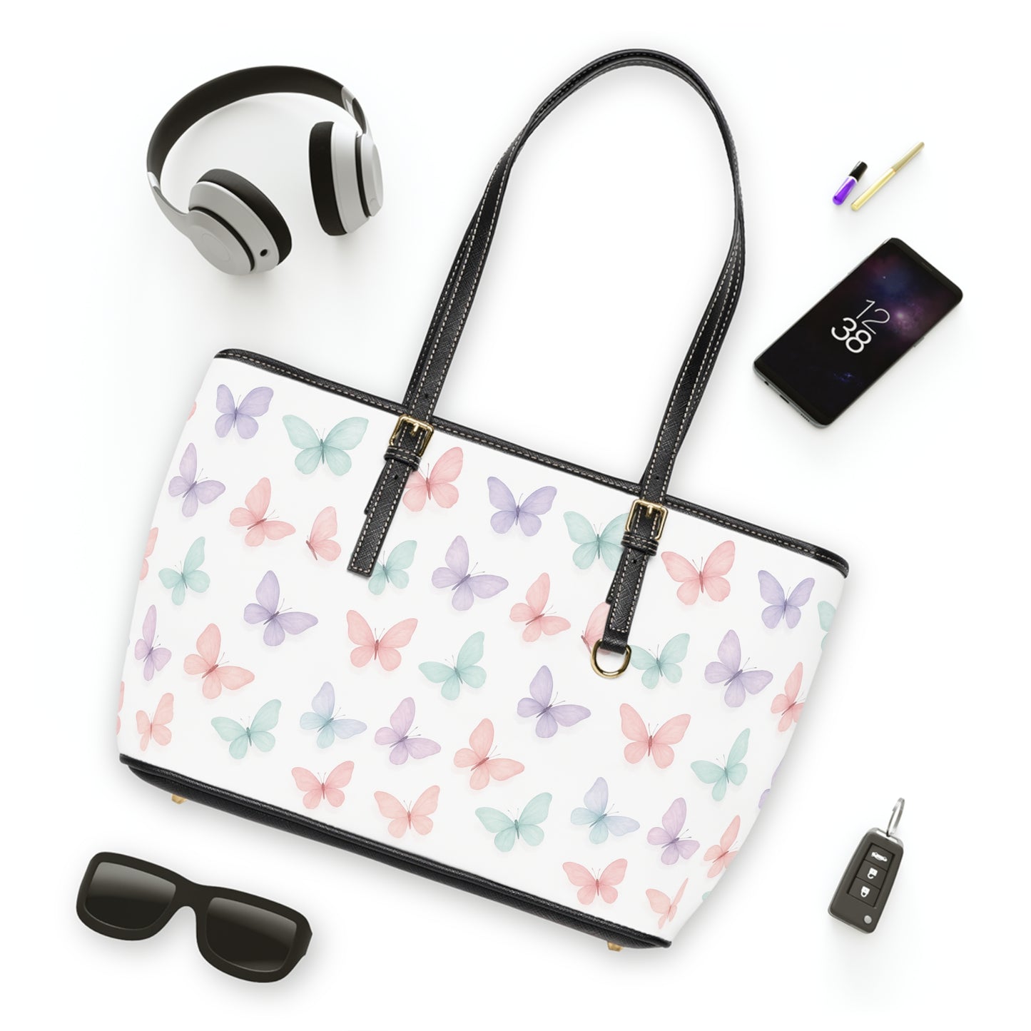 Butterfly Print PU Leather Tote Bag, Stylish Handbag, Trendy Purse, Floral Shoulder Bag, Gift for Her, Summer Essentials
