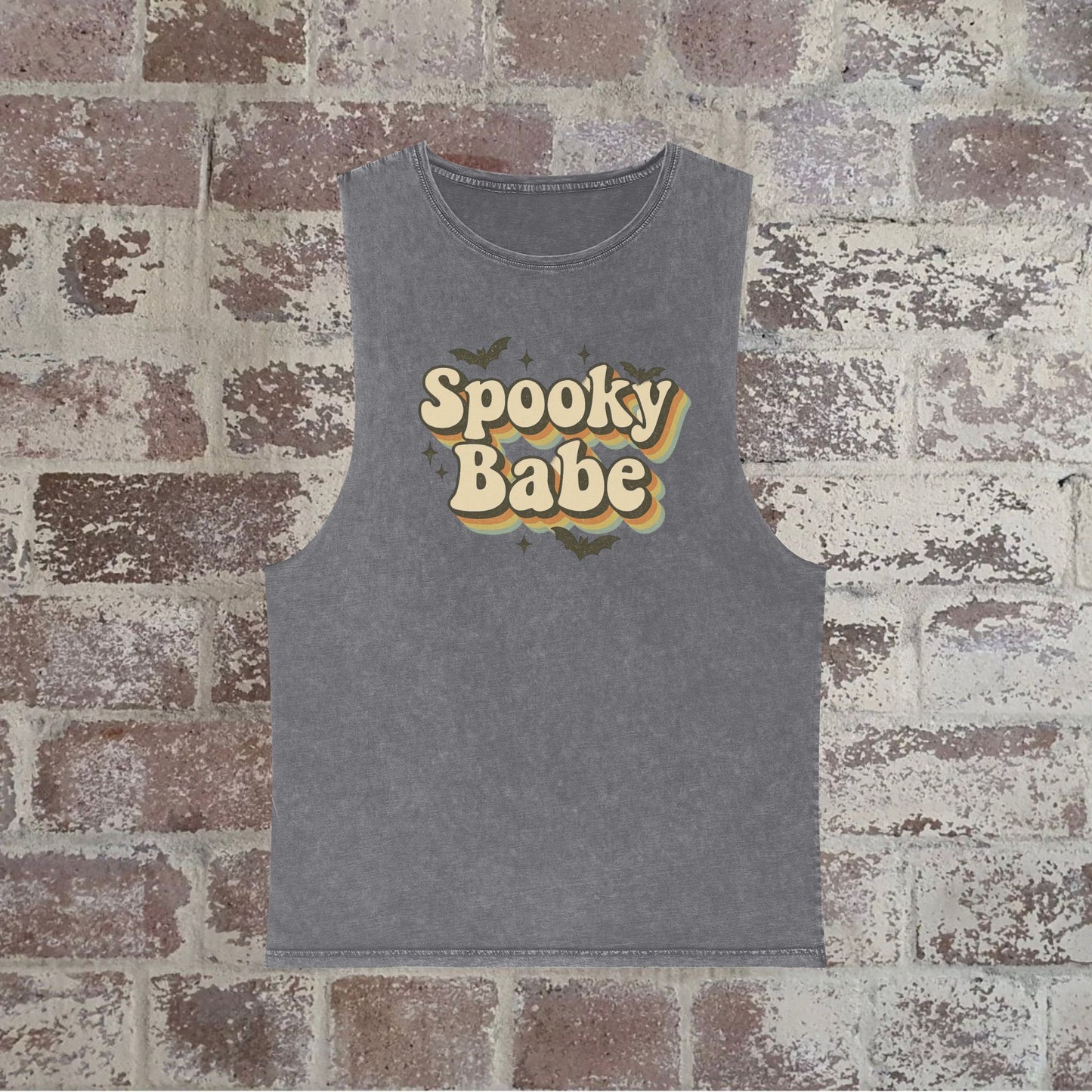 Spooky Babe Stonewash Tank Top, Unisex Halloween Wear, Casual Summer Top, Festival Outfit, Spooky Vibes, Trendy Apparel