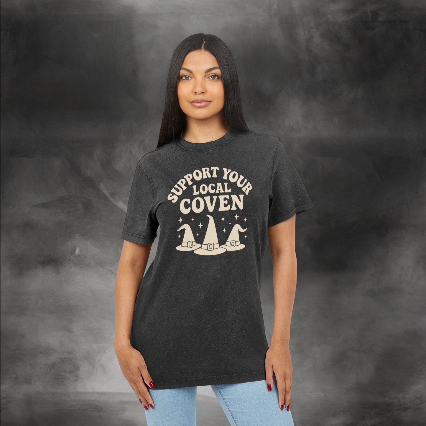 Support Your Local Coven Acid Washed Tee, Cozy Witchy T-Shirt, Halloween Apparel, Spooky Season Shirt, Witchy Vibe Clothing