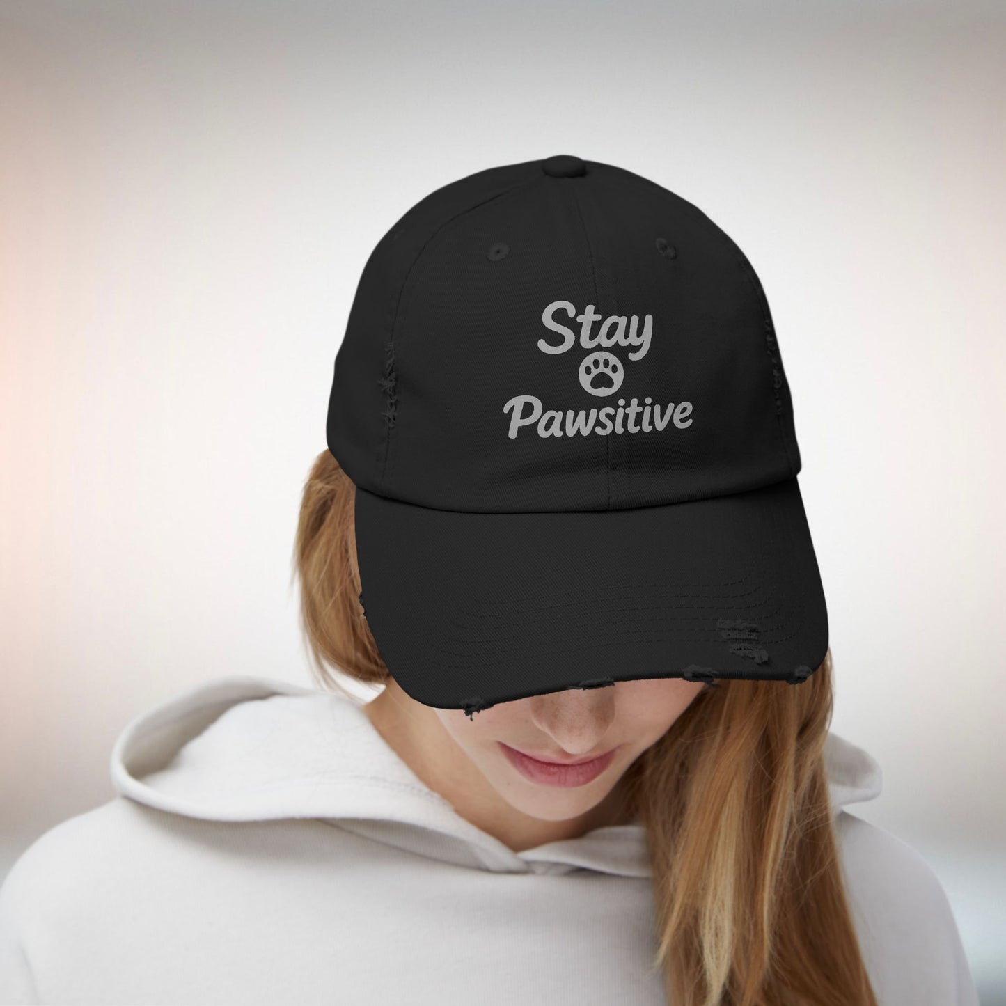 Unisex Distressed Cap with 'Stay Pawsitive' Message