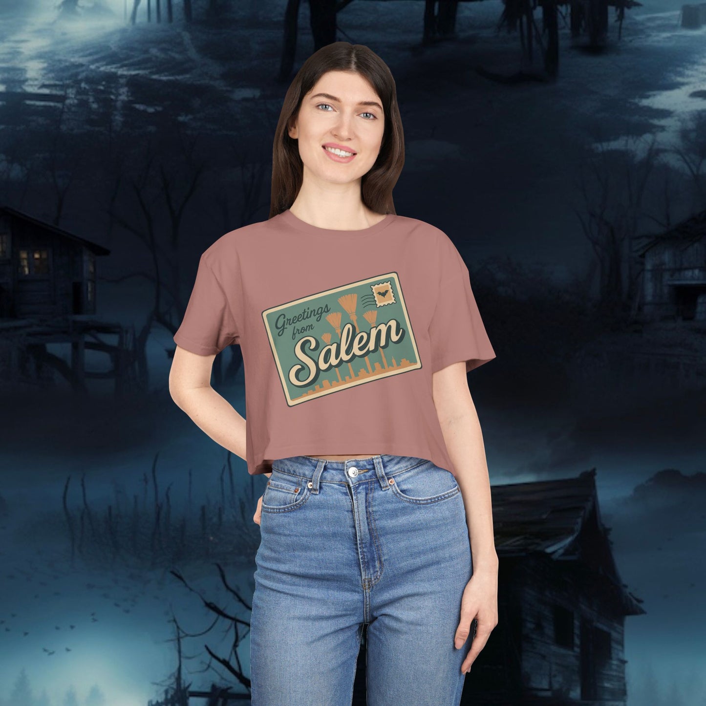 Salem Greetings Women's Crop Tee - Vintage Style Shirt, Casual Summer Top, Travel Souvenir, Halloween Apparel, Gift for Friends