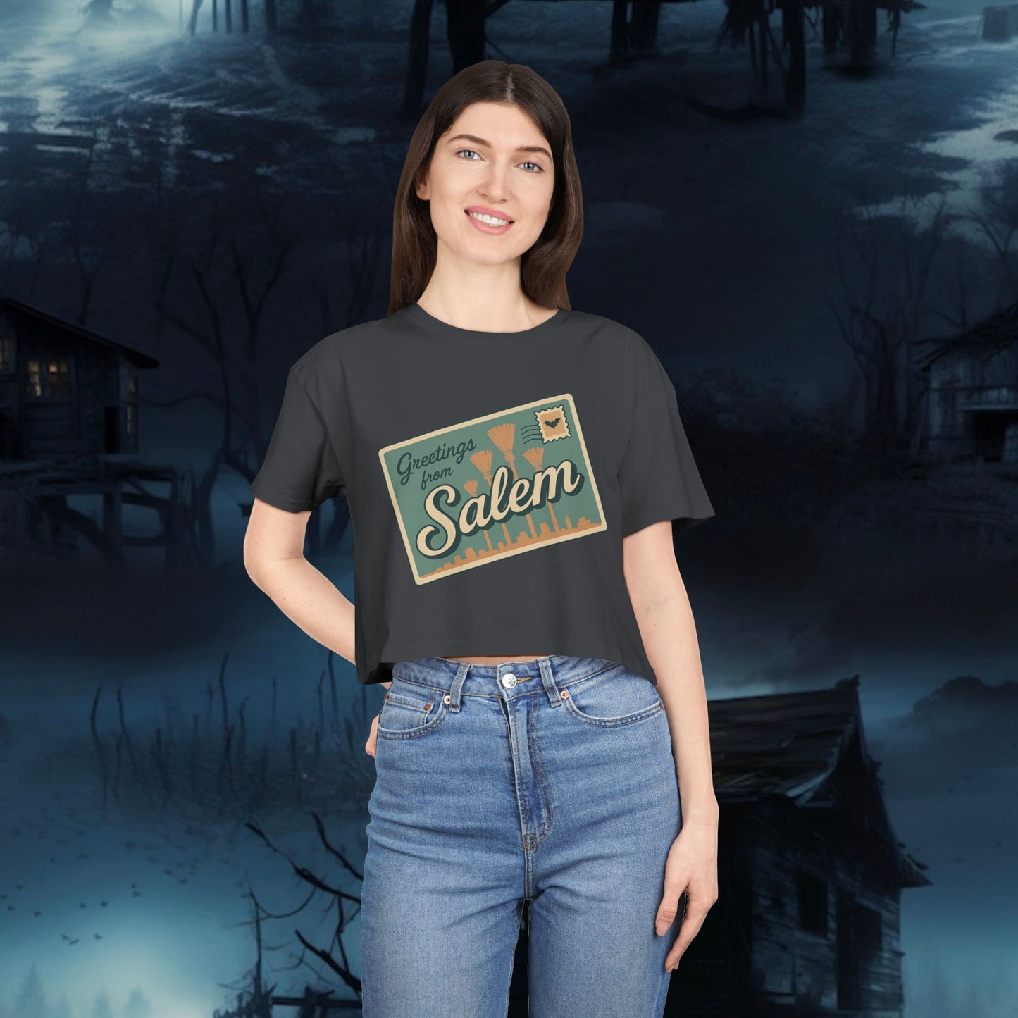 Salem Greetings Women's Crop Tee - Vintage Style Shirt, Casual Summer Top, Travel Souvenir, Halloween Apparel, Gift for Friends