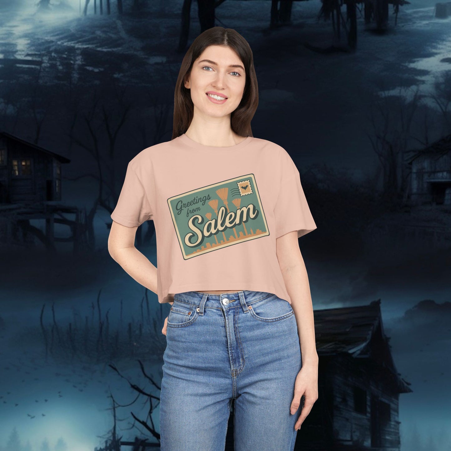 Salem Greetings Women's Crop Tee - Vintage Style Shirt, Casual Summer Top, Travel Souvenir, Halloween Apparel, Gift for Friends