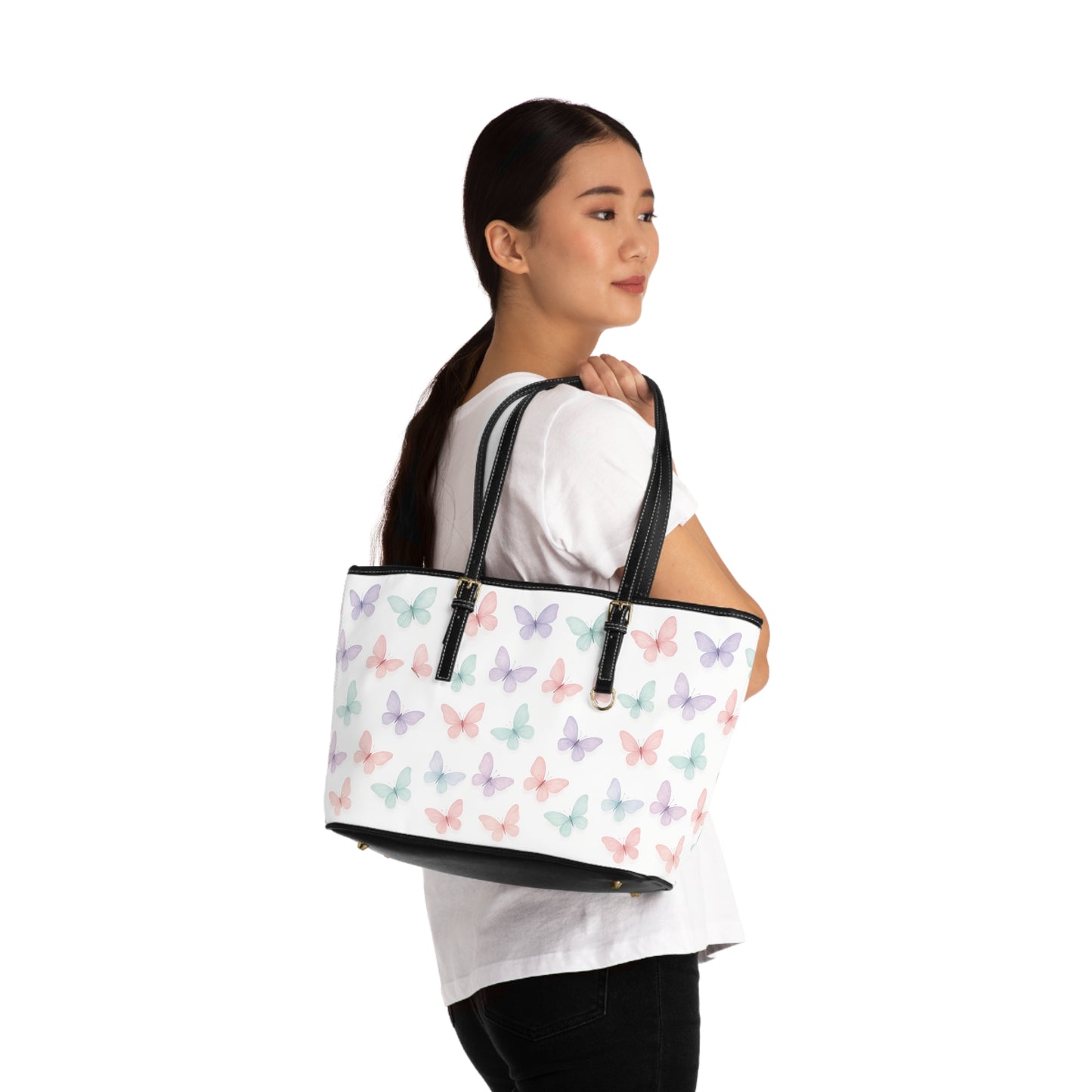 Butterfly Print PU Leather Tote Bag, Stylish Handbag, Trendy Purse, Floral Shoulder Bag, Gift for Her, Summer Essentials