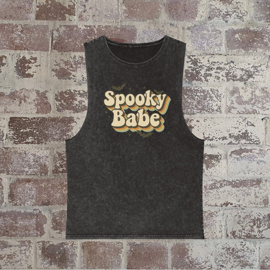 Spooky Babe Stonewash Tank Top, Unisex Halloween Wear, Casual Summer Top, Festival Outfit, Spooky Vibes, Trendy Apparel