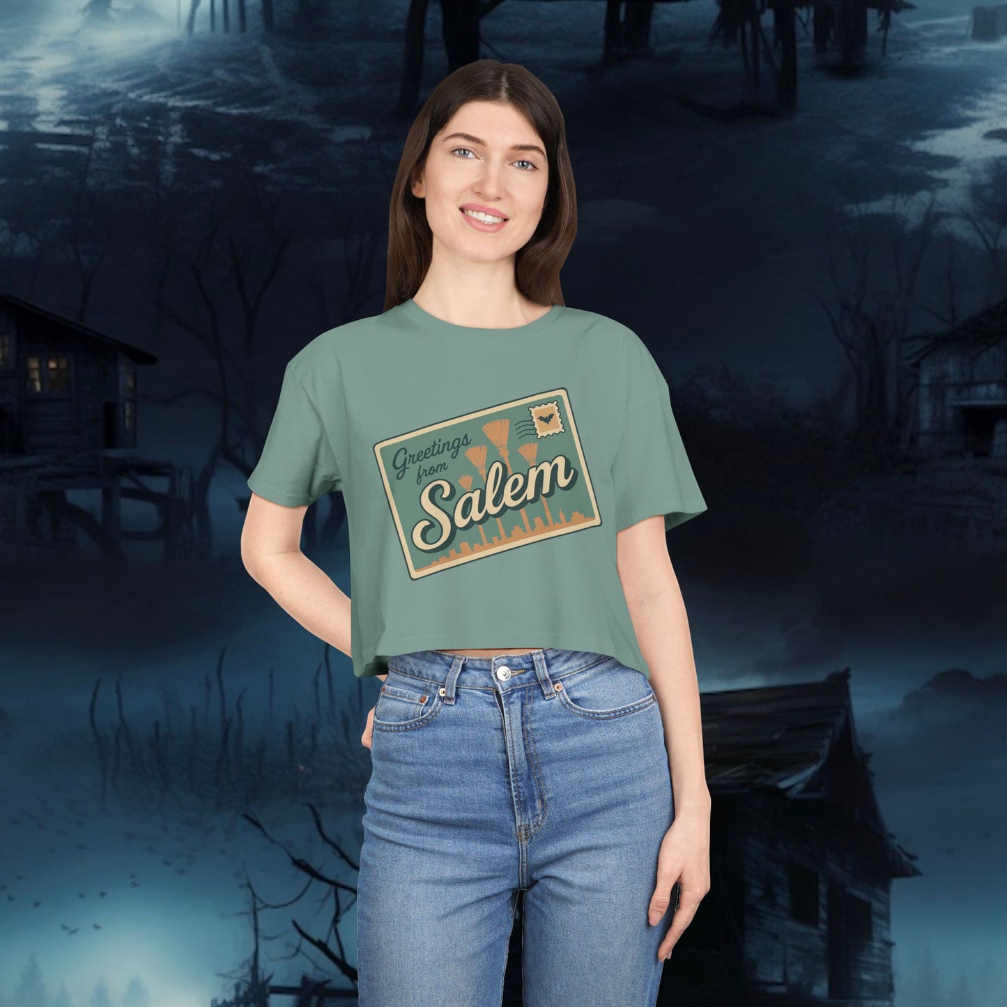 Salem Greetings Women's Crop Tee - Vintage Style Shirt, Casual Summer Top, Travel Souvenir, Halloween Apparel, Gift for Friends