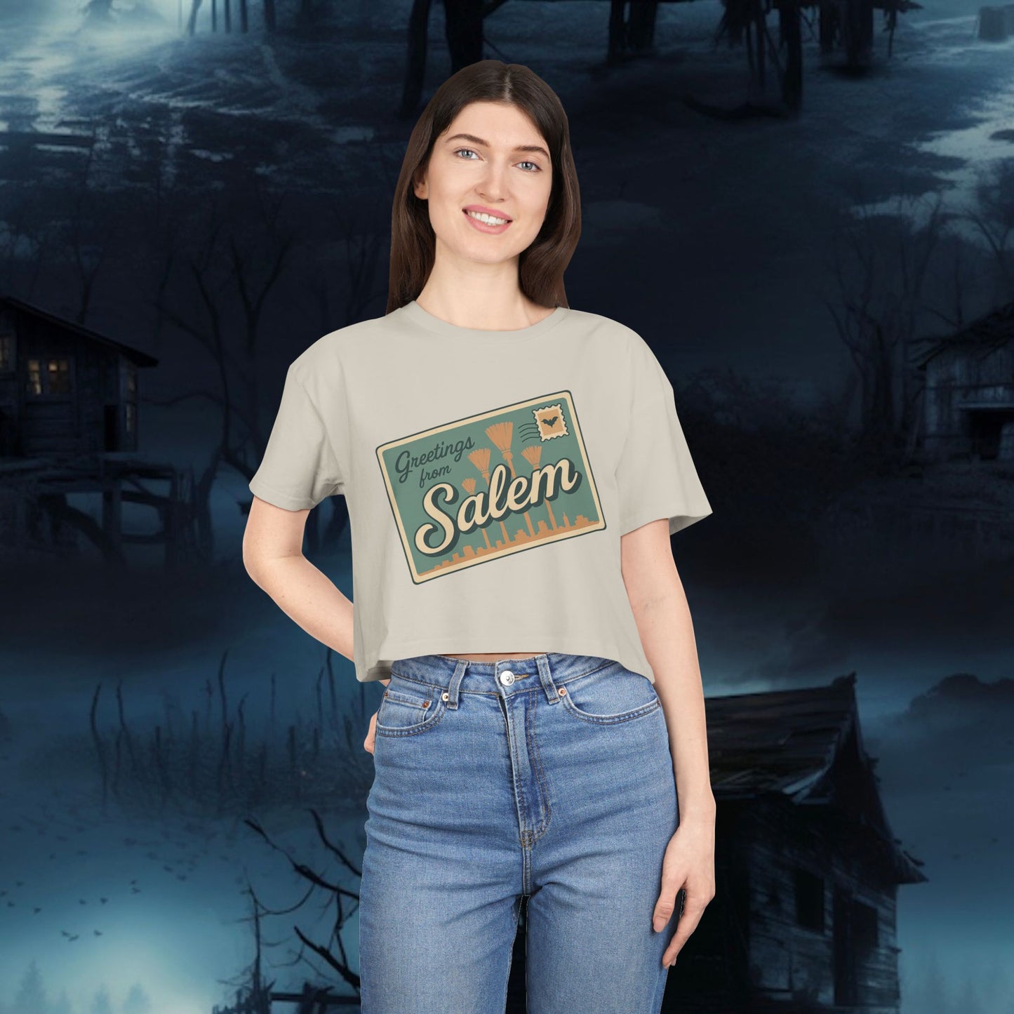 Salem Greetings Women's Crop Tee - Vintage Style Shirt, Casual Summer Top, Travel Souvenir, Halloween Apparel, Gift for Friends
