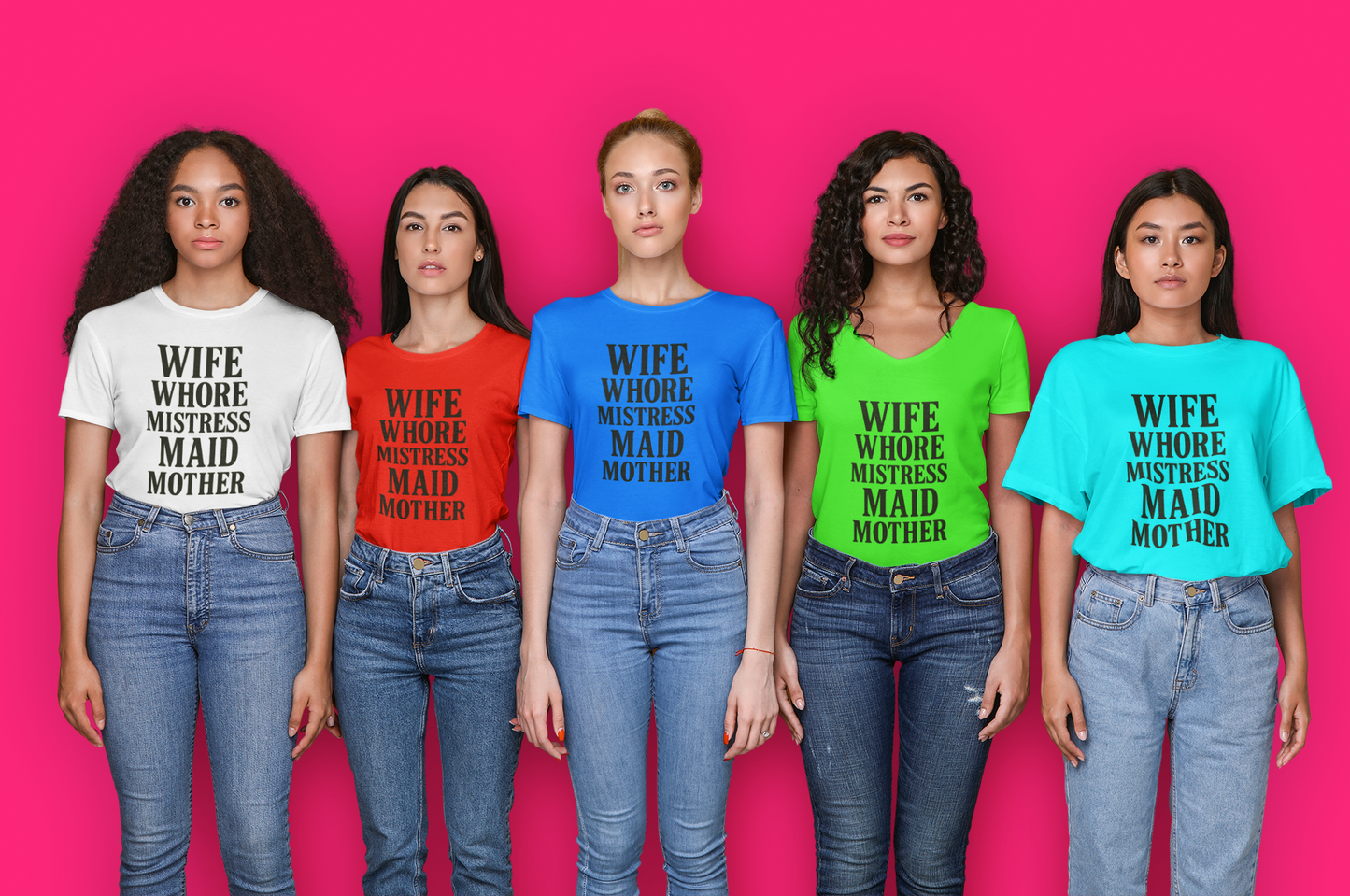 Witty Graphic Tee - 'Wife, Whore, Mistress, Maid, Mother' Unisex Softstyle T-Shirt, Casual Wear, Funny Gifts, Family Humor, Statement Shirt