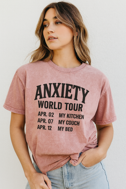 Anxiety World Tour Unisex Faded Shirt, Funny T-Shirt, Relaxation Tee, Gift for Anxiety Awareness, Casual Wear, Humorous Apparel