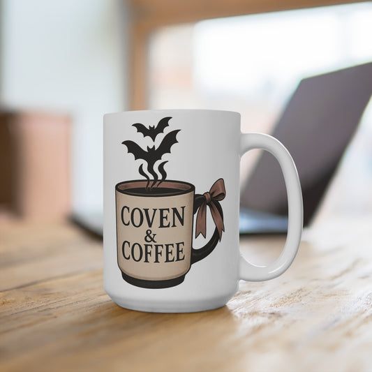 Coven & Coffee Mug, Spooky Coffee Cup, Halloween Decor, Witchy Gift, 15oz Ceramic Mug, Coffee Lover's Mug, Gothic Kitchenware