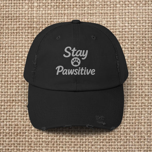 Unisex Distressed Cap with 'Stay Pawsitive' Message