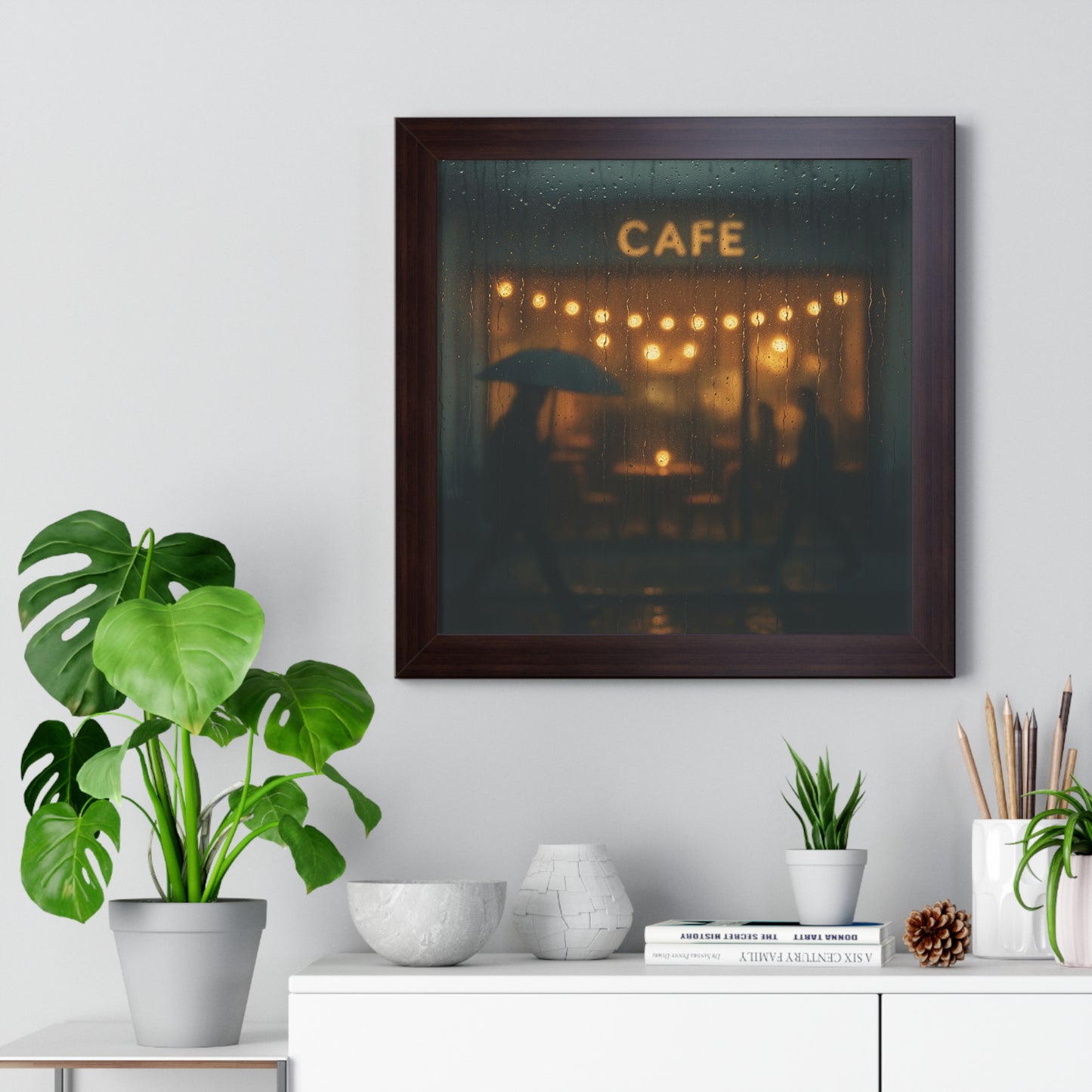 Cozy Café Framed Poster, Wall Art for Home Decor, Café Print, Rainy Day Art, Coffee Lover Gift