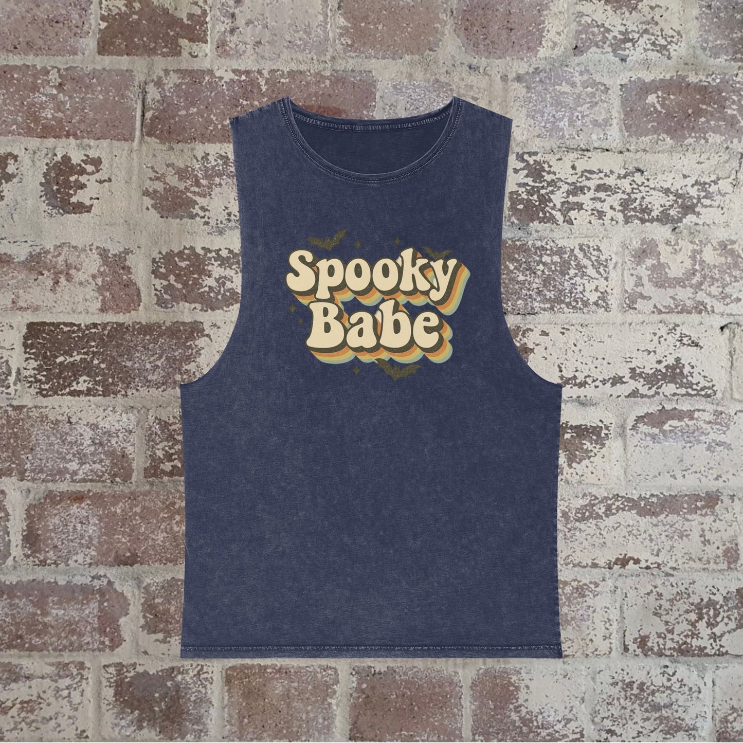 Spooky Babe Stonewash Tank Top, Unisex Halloween Wear, Casual Summer Top, Festival Outfit, Spooky Vibes, Trendy Apparel