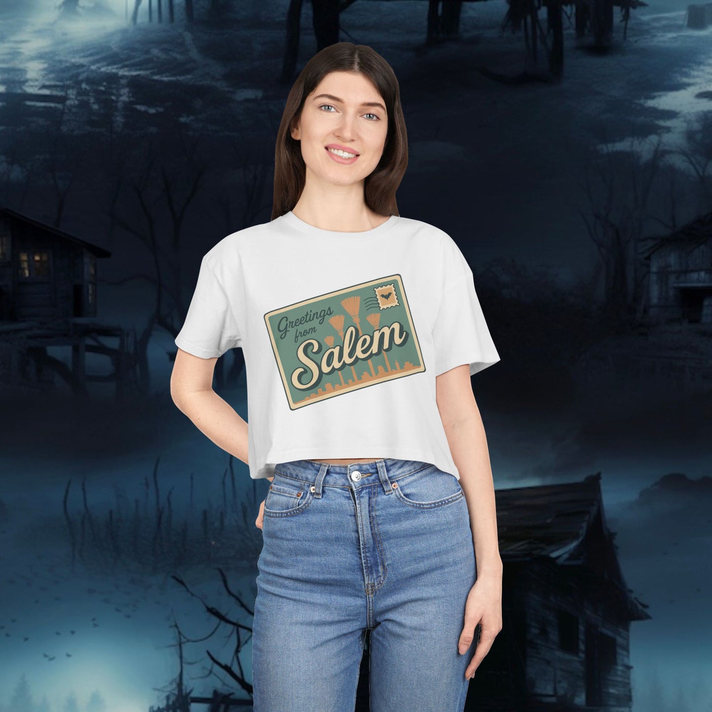 Salem Greetings Women's Crop Tee - Vintage Style Shirt, Casual Summer Top, Travel Souvenir, Halloween Apparel, Gift for Friends