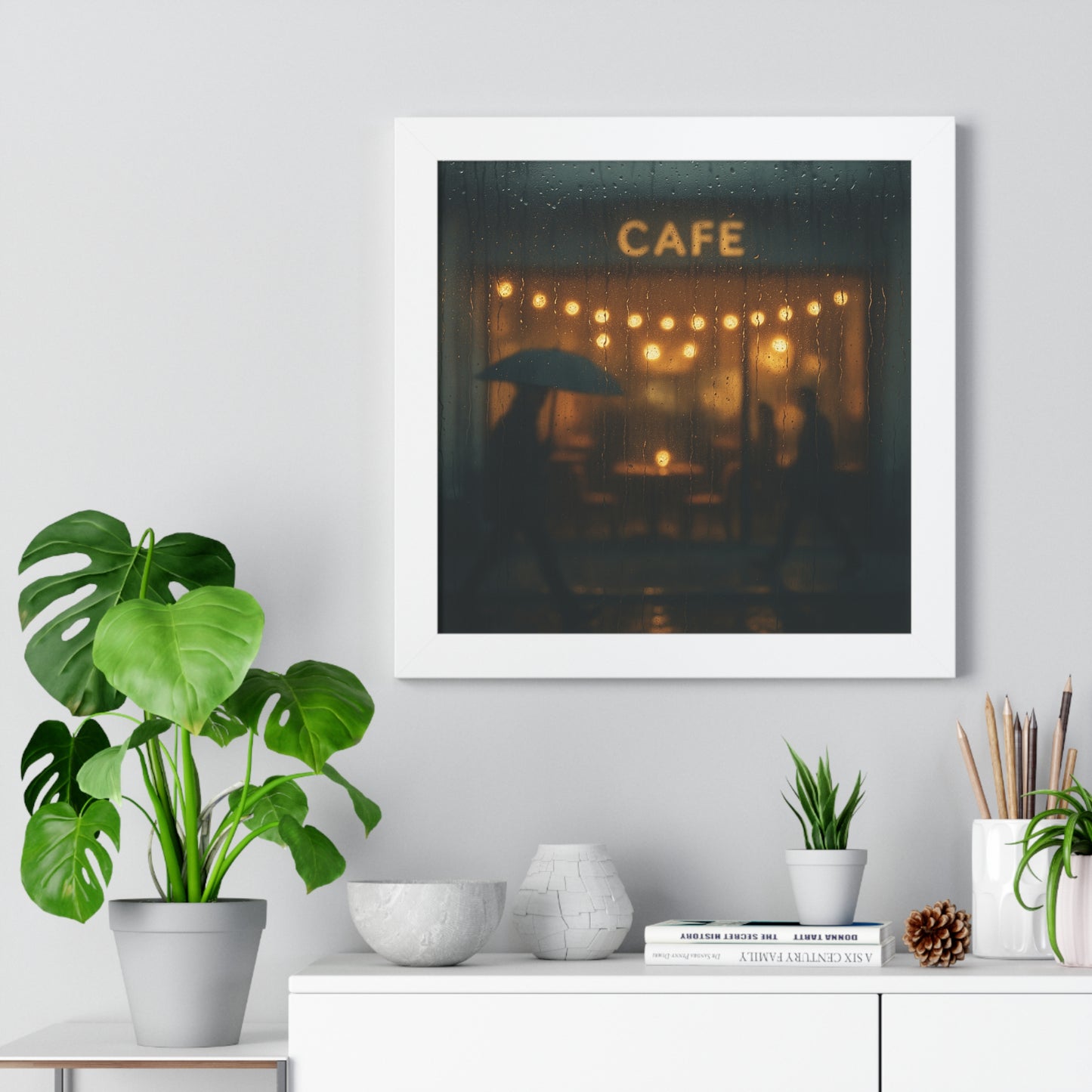 Cozy Café Framed Poster, Wall Art for Home Decor, Café Print, Rainy Day Art, Coffee Lover Gift