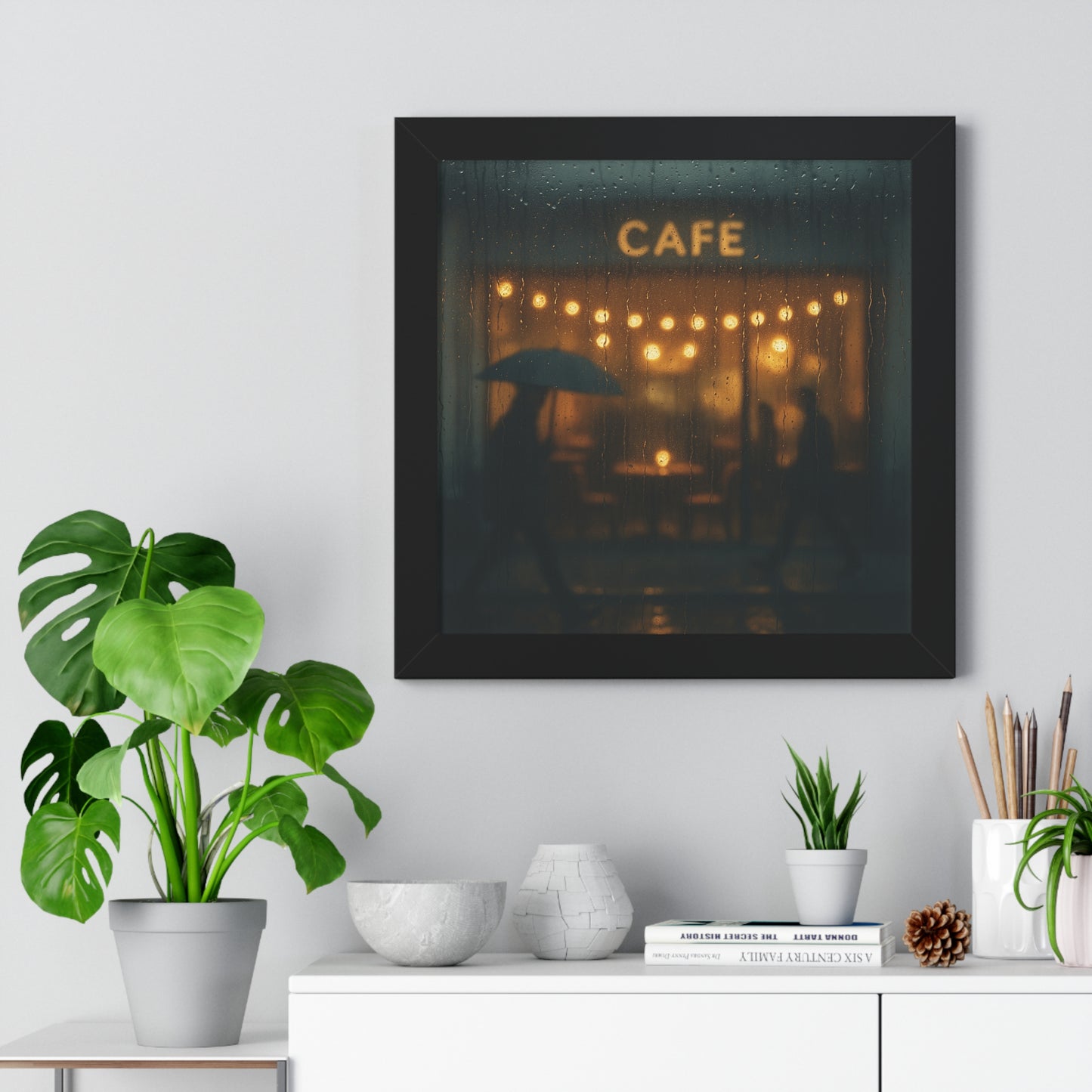 Cozy Café Framed Poster, Wall Art for Home Decor, Café Print, Rainy Day Art, Coffee Lover Gift