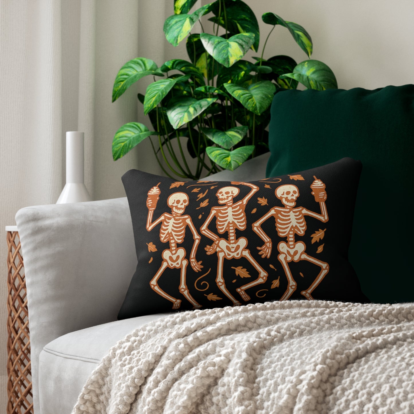 Halloween Themed Lumbar Pillow - Skeleton Dance, Spooky Home Decor, Fall Pillow, Trick or Treat Gift, Skeleton Decoration