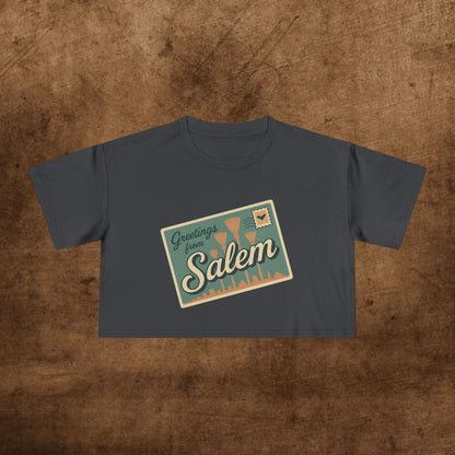 Salem Greetings Women's Crop Tee - Vintage Style Shirt, Casual Summer Top, Travel Souvenir, Halloween Apparel, Gift for Friends