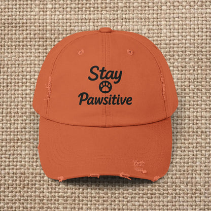 Unisex Distressed Cap with 'Stay Pawsitive' Message