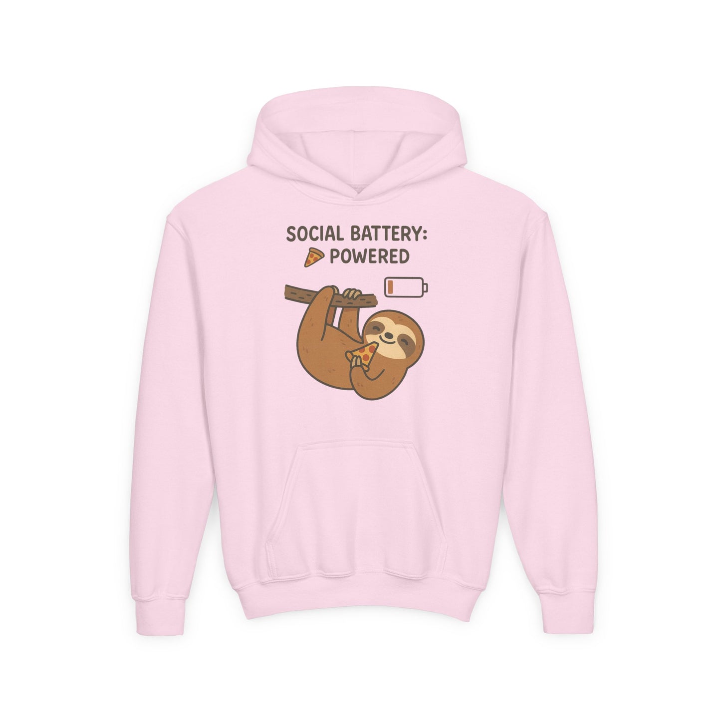 Funny Sloth Hooded Sweatshirt, Youth Hoodie, Cute Gift for Kids, Social Battery Powered Sweatshirt, Fun Apparel for Teens