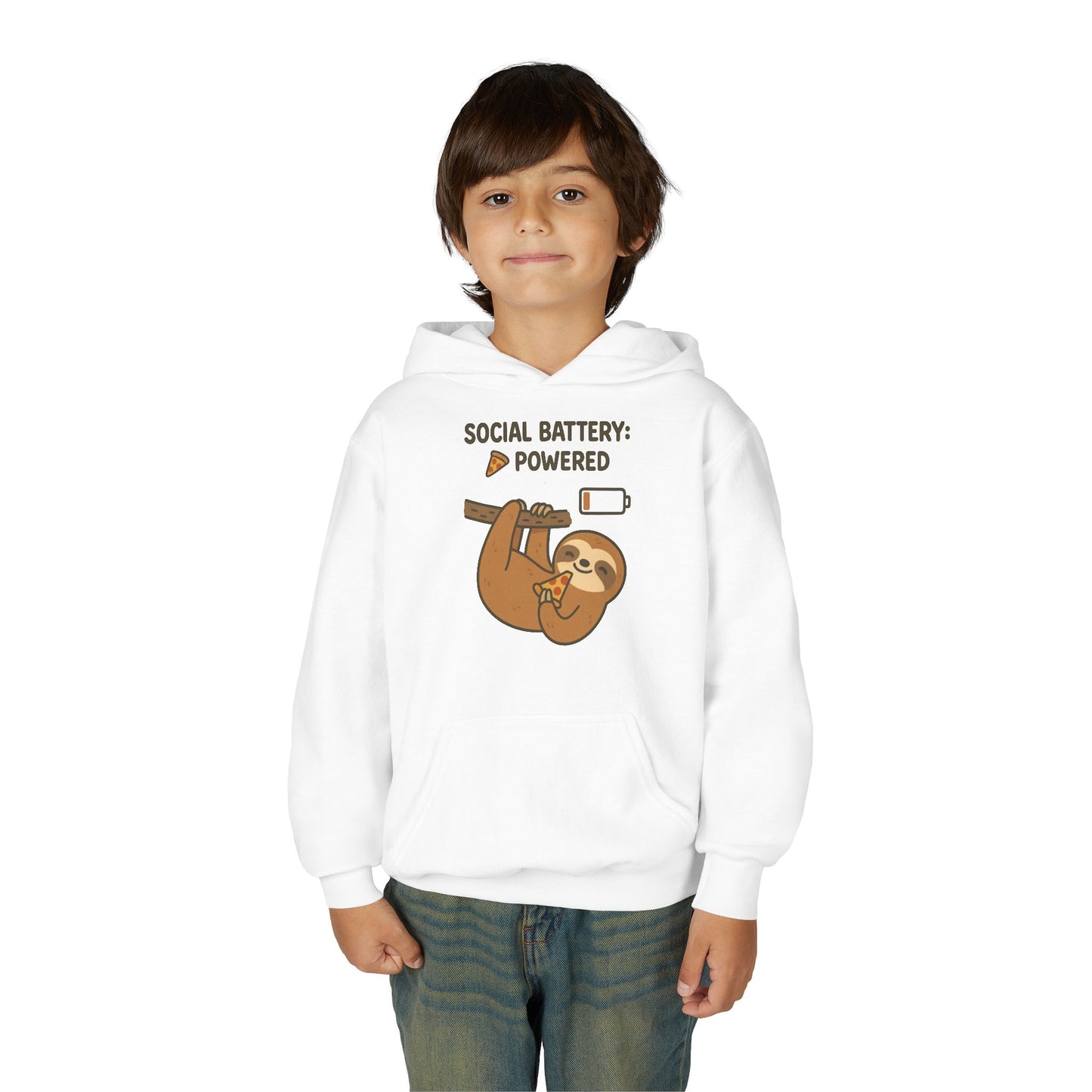Funny Sloth Hooded Sweatshirt, Youth Hoodie, Cute Gift for Kids, Social Battery Powered Sweatshirt, Fun Apparel for Teens
