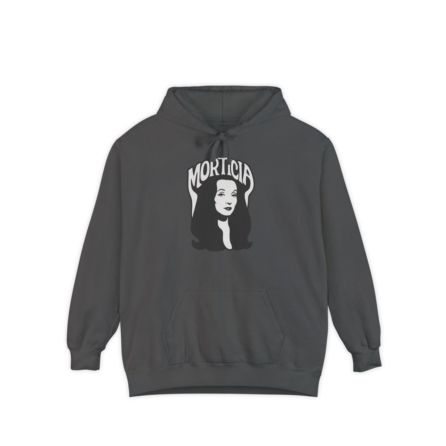 Morticia-Inspired Unisex Garment-Dyed Hoodie, Cozy Graphic Sweatshirt, Spooky Fashion, Halloween Apparel, Unique Gift for Fans