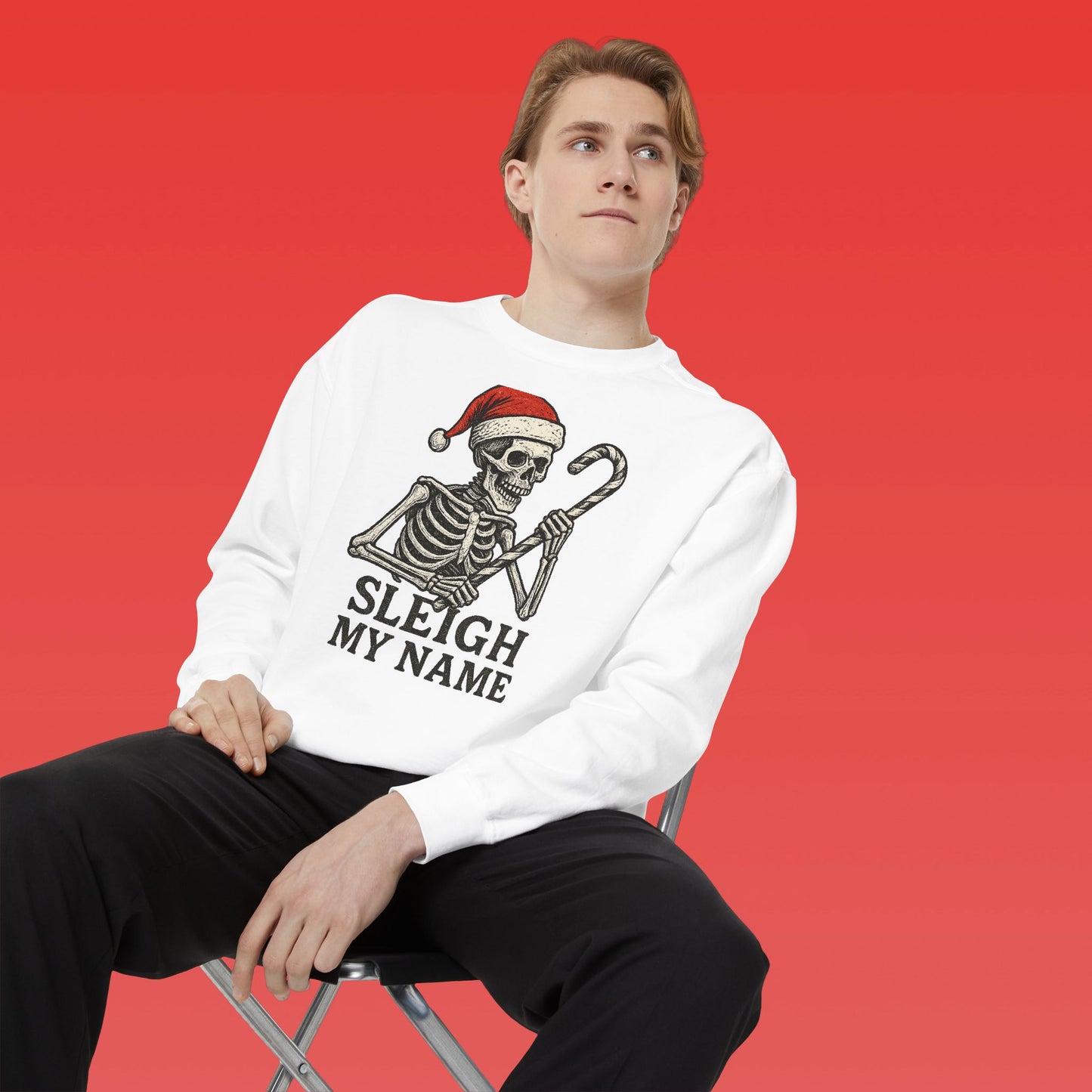 Skeleton Christmas Sweatshirt, Holiday Gift, Unisex Hoodie, Funny Xmas Apparel, Cozy Winter Wear, Sleigh My Name Design