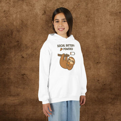 Funny Sloth Hooded Sweatshirt, Youth Hoodie, Cute Gift for Kids, Social Battery Powered Sweatshirt, Fun Apparel for Teens