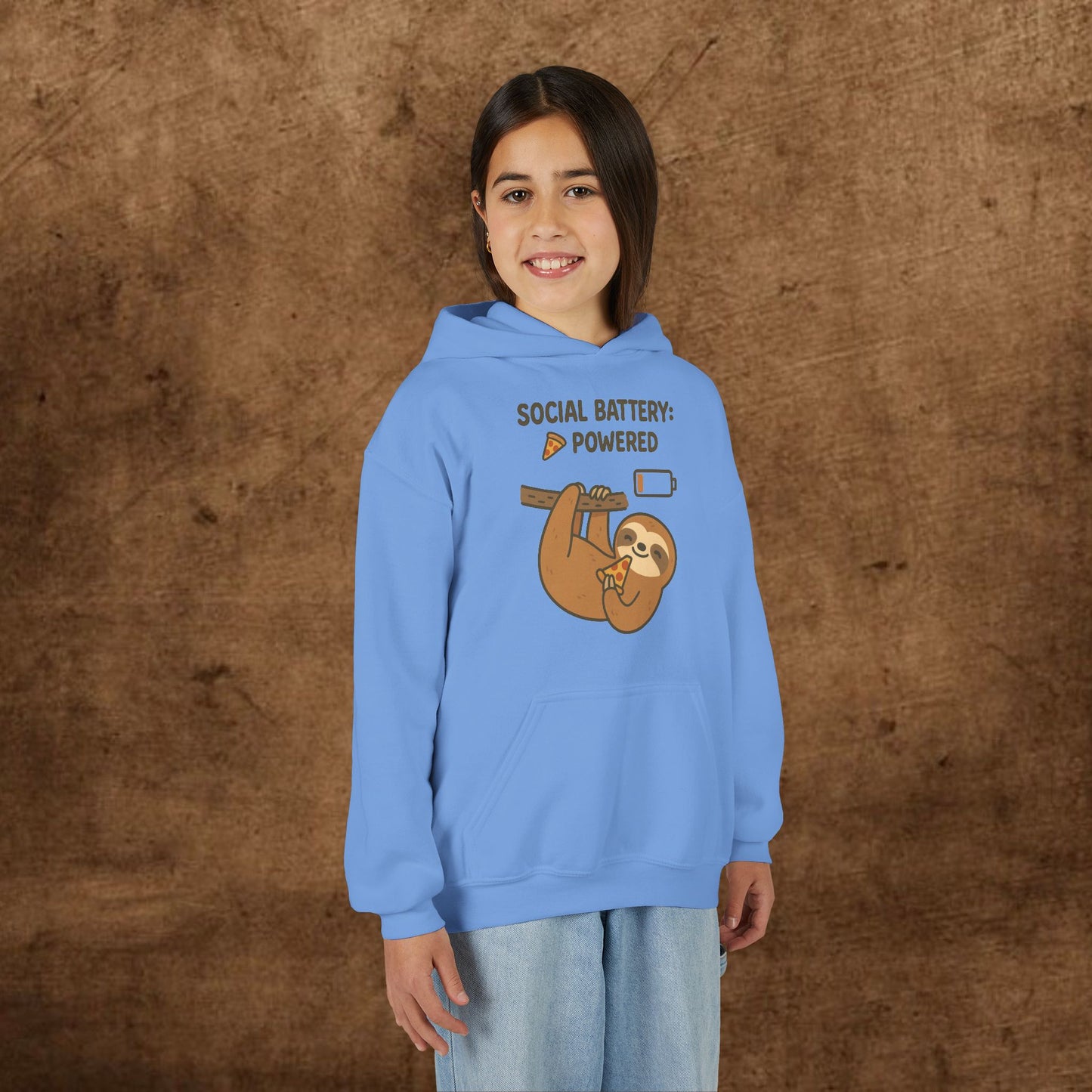 Funny Sloth Hooded Sweatshirt, Youth Hoodie, Cute Gift for Kids, Social Battery Powered Sweatshirt, Fun Apparel for Teens