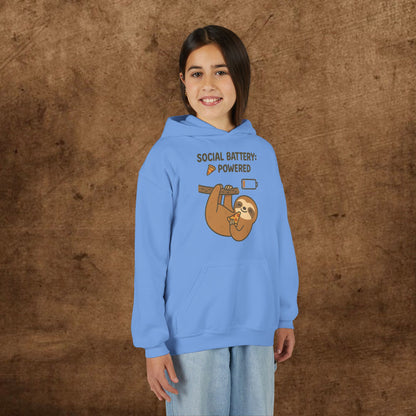 Funny Sloth Hooded Sweatshirt, Youth Hoodie, Cute Gift for Kids, Social Battery Powered Sweatshirt, Fun Apparel for Teens