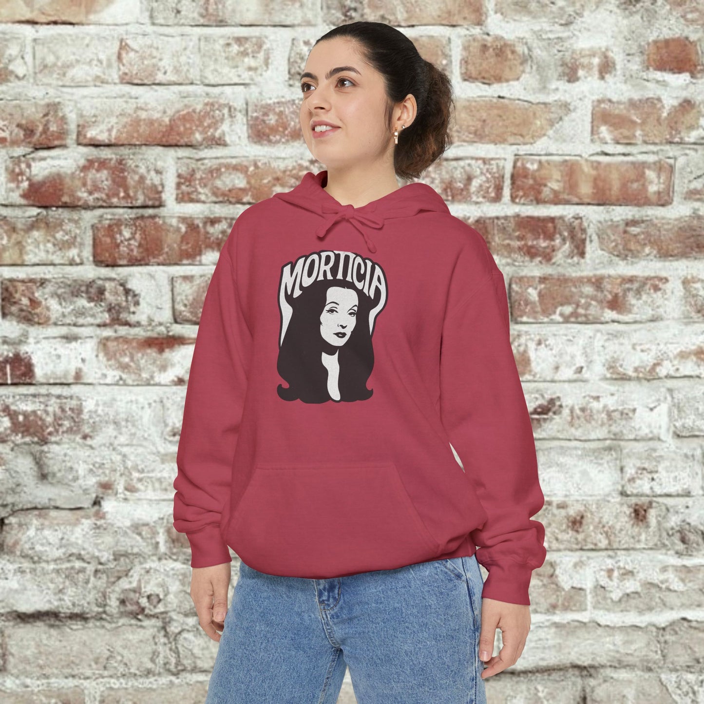 Morticia-Inspired Unisex Garment-Dyed Hoodie, Cozy Graphic Sweatshirt, Spooky Fashion, Halloween Apparel, Unique Gift for Fans