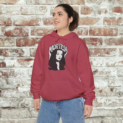 Morticia-Inspired Unisex Garment-Dyed Hoodie, Cozy Graphic Sweatshirt, Spooky Fashion, Halloween Apparel, Unique Gift for Fans