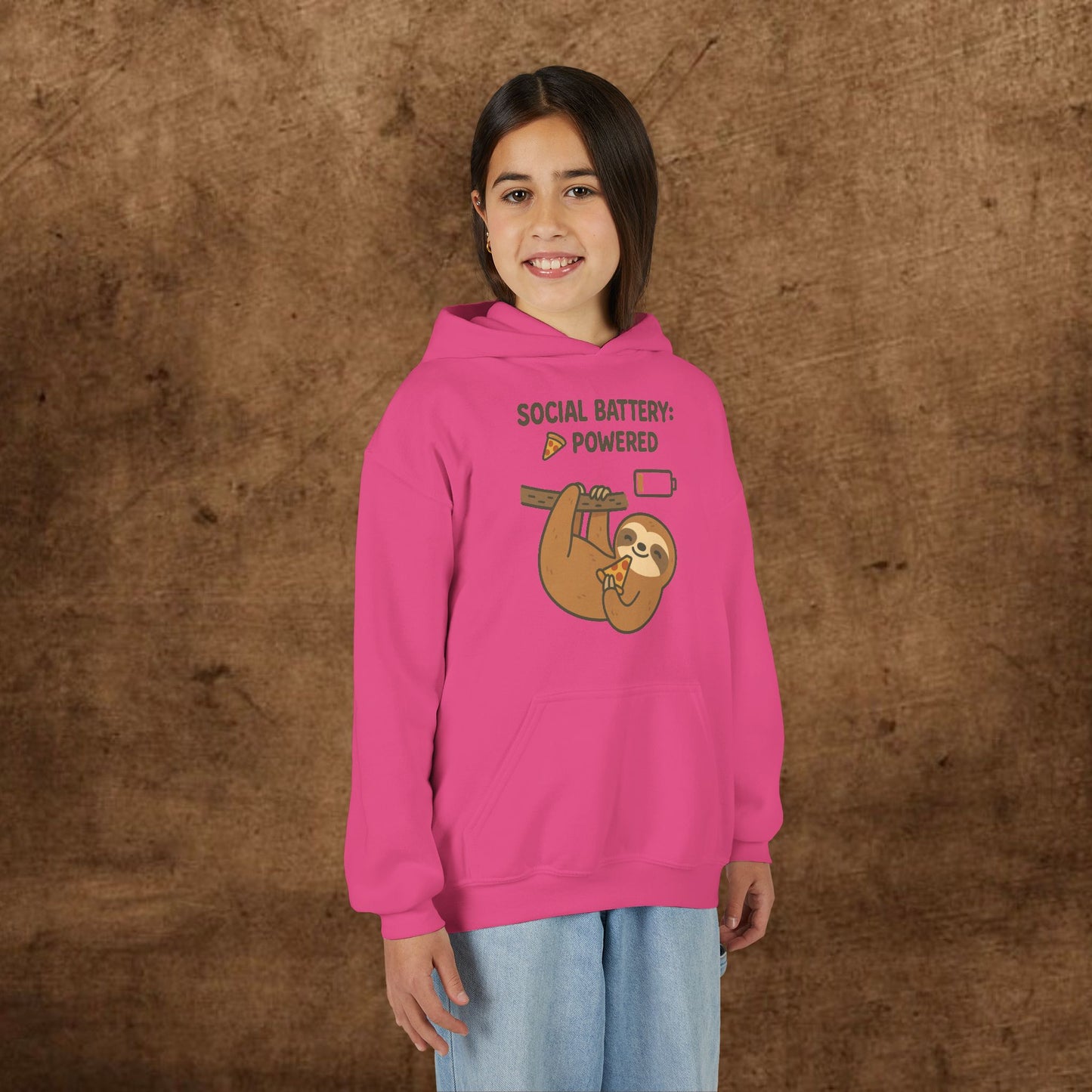 Funny Sloth Hooded Sweatshirt, Youth Hoodie, Cute Gift for Kids, Social Battery Powered Sweatshirt, Fun Apparel for Teens