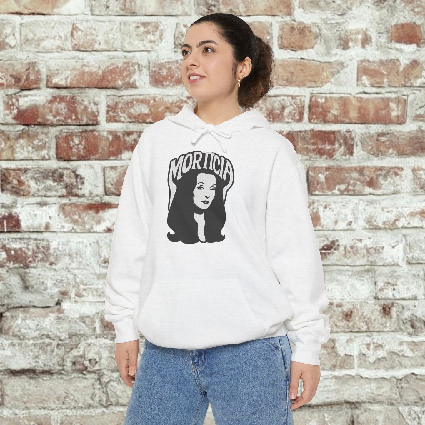 Morticia-Inspired Unisex Garment-Dyed Hoodie, Cozy Graphic Sweatshirt, Spooky Fashion, Halloween Apparel, Unique Gift for Fans