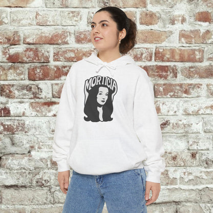 Morticia-Inspired Unisex Garment-Dyed Hoodie, Cozy Graphic Sweatshirt, Spooky Fashion, Halloween Apparel, Unique Gift for Fans