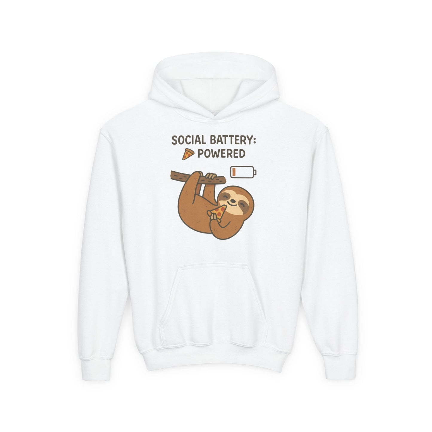 Funny Sloth Hooded Sweatshirt, Youth Hoodie, Cute Gift for Kids, Social Battery Powered Sweatshirt, Fun Apparel for Teens