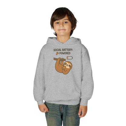 Funny Sloth Hooded Sweatshirt, Youth Hoodie, Cute Gift for Kids, Social Battery Powered Sweatshirt, Fun Apparel for Teens