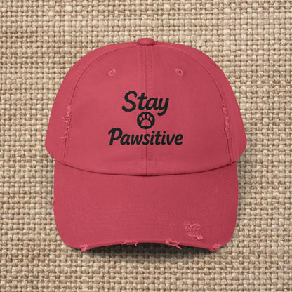 Unisex Distressed Cap with 'Stay Pawsitive' Message