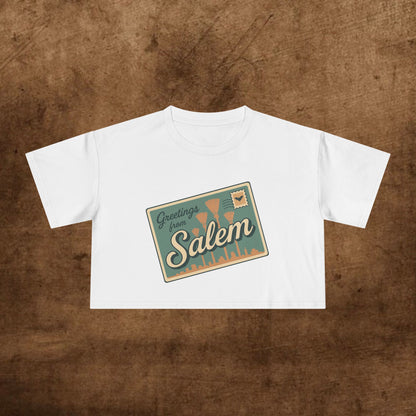 Salem Greetings Women's Crop Tee - Vintage Style Shirt, Casual Summer Top, Travel Souvenir, Halloween Apparel, Gift for Friends
