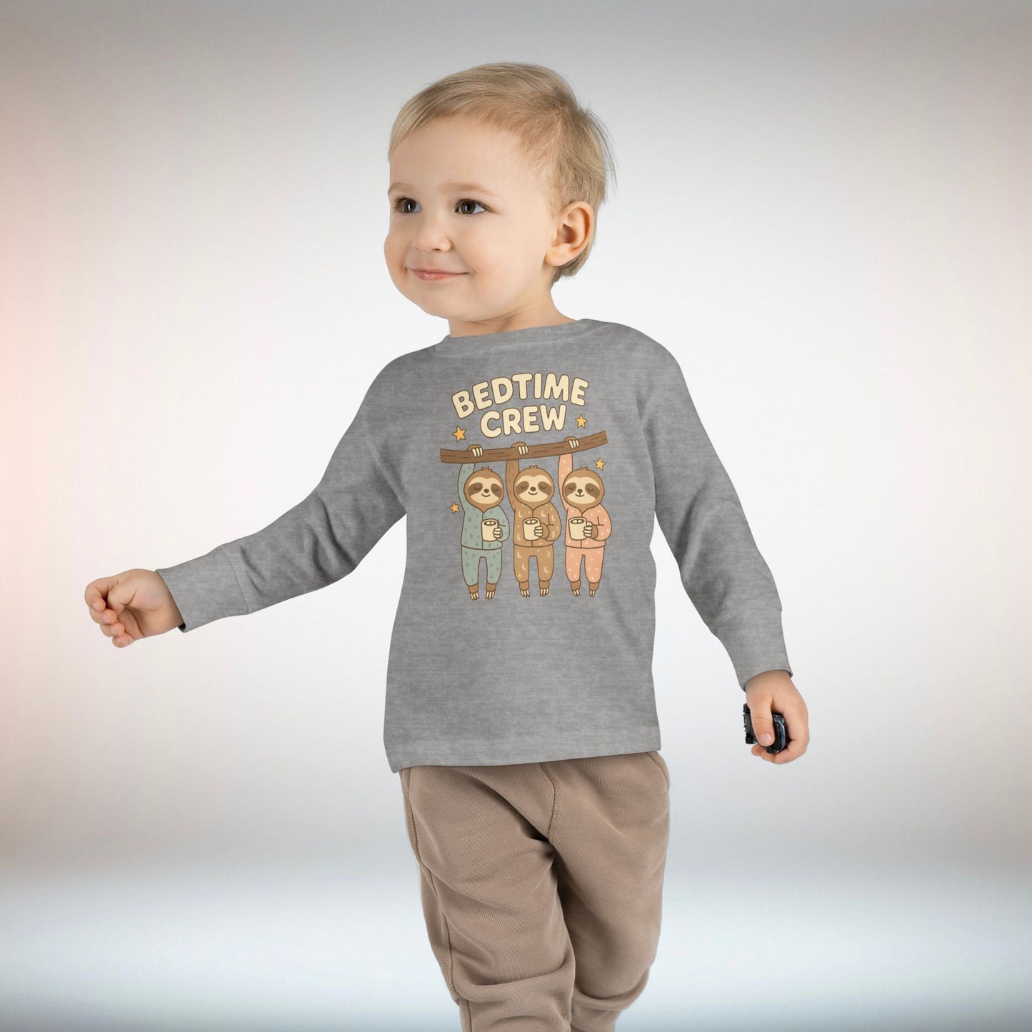 Sloth Bedtime Crew Toddler Long Sleeve Tee, Cute Kids Shirt, Baby Shower Gift, Toddler Pajama Top, Cozy Playtime Clothes