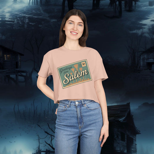 Salem Greetings Women's Crop Tee - Vintage Style Shirt, Casual Summer Top, Travel Souvenir, Halloween Apparel, Gift for Friends