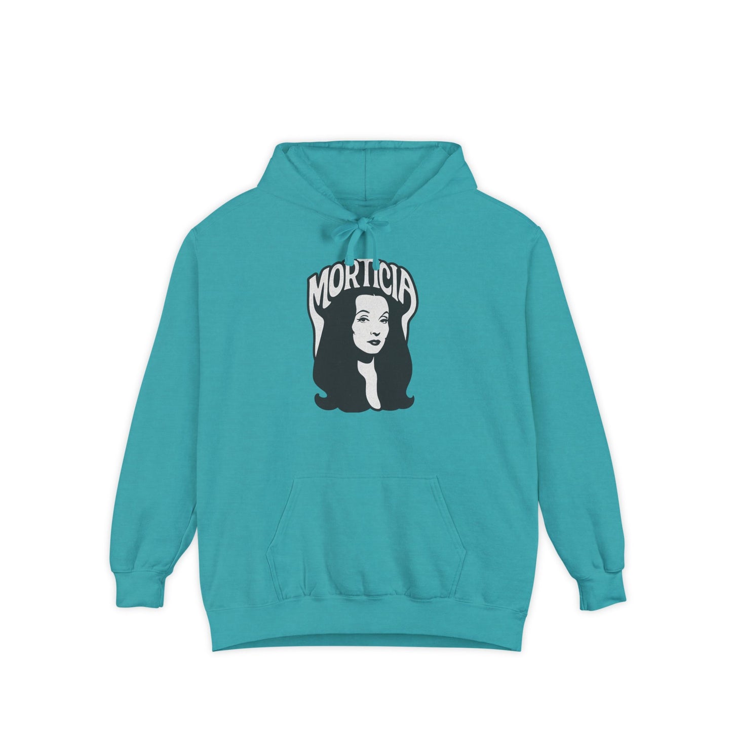 Morticia-Inspired Unisex Garment-Dyed Hoodie, Cozy Graphic Sweatshirt, Spooky Fashion, Halloween Apparel, Unique Gift for Fans