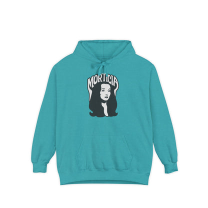 Morticia-Inspired Unisex Garment-Dyed Hoodie, Cozy Graphic Sweatshirt, Spooky Fashion, Halloween Apparel, Unique Gift for Fans