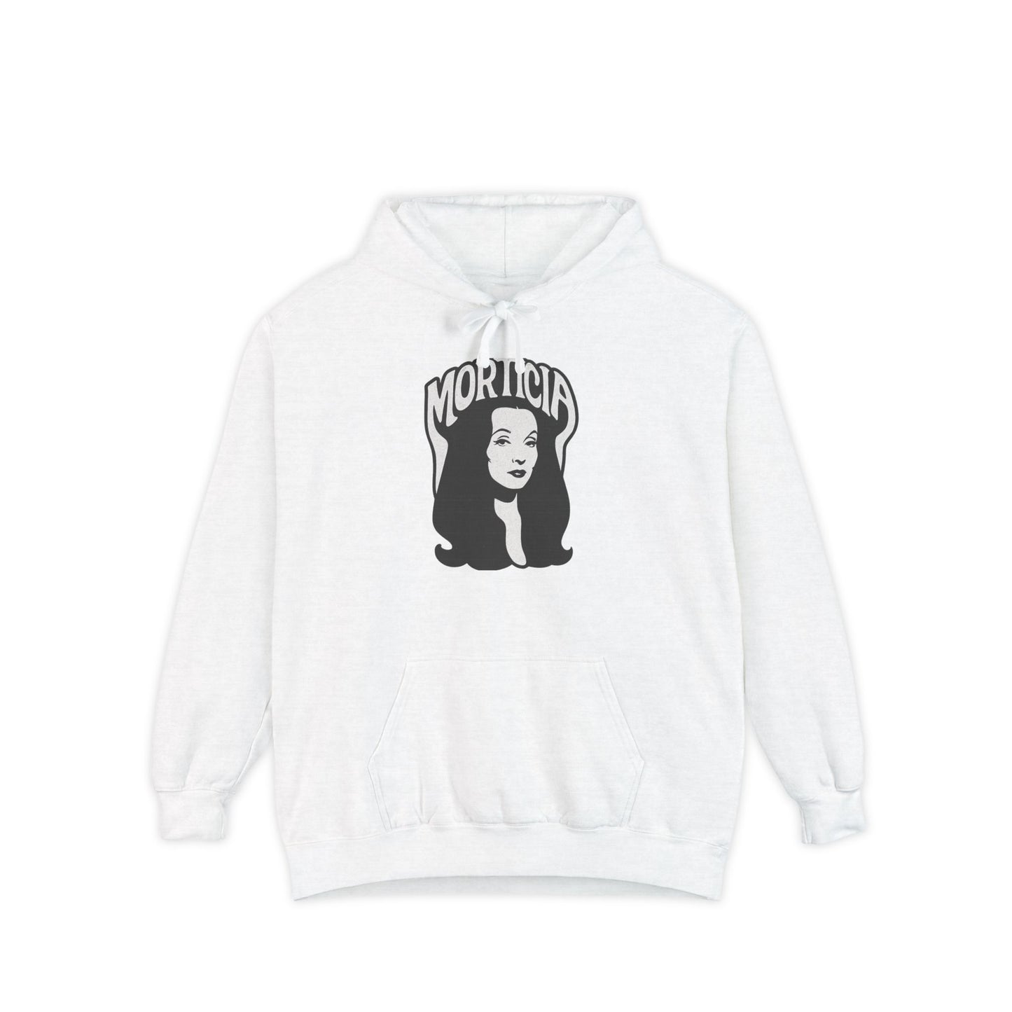Morticia-Inspired Unisex Garment-Dyed Hoodie, Cozy Graphic Sweatshirt, Spooky Fashion, Halloween Apparel, Unique Gift for Fans