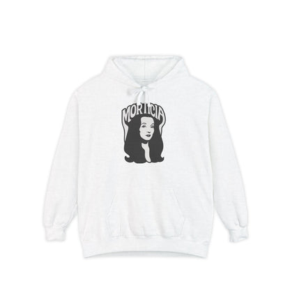 Morticia-Inspired Unisex Garment-Dyed Hoodie, Cozy Graphic Sweatshirt, Spooky Fashion, Halloween Apparel, Unique Gift for Fans