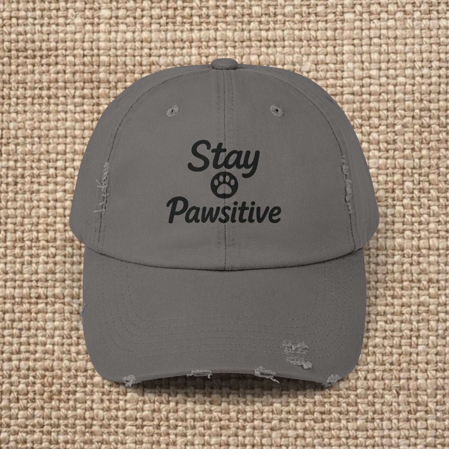 Unisex Distressed Cap with 'Stay Pawsitive' Message