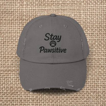 Unisex Distressed Cap with 'Stay Pawsitive' Message